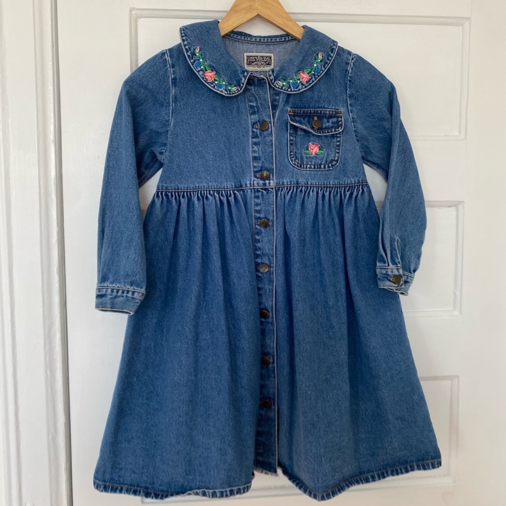 Vintage floral embroidered denim girl’s dress